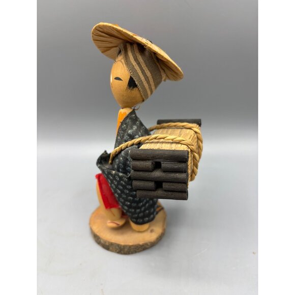 Vtg‎ Handcrafted Japanese Kokeshi Doll Wood Carrying Straw on Back Farm Girl - Picture 5 of 6